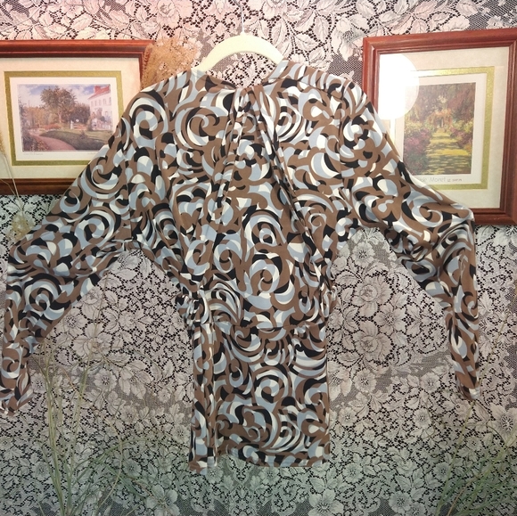 Marc Bouwer brown grey white blouse abstract thick tie back wrap around belt - Picture 3 of 5